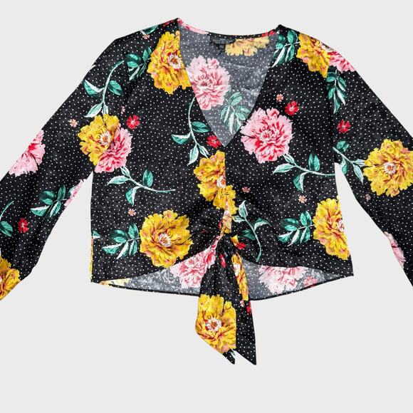 Topshop Small Cropped Long Sleeve Black Polka Dot Tie Front Blouse Vintage Chic - Picture 4 of 7